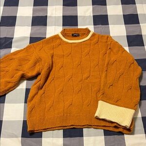 Orange Cable Knit Sweater with Cream Trim